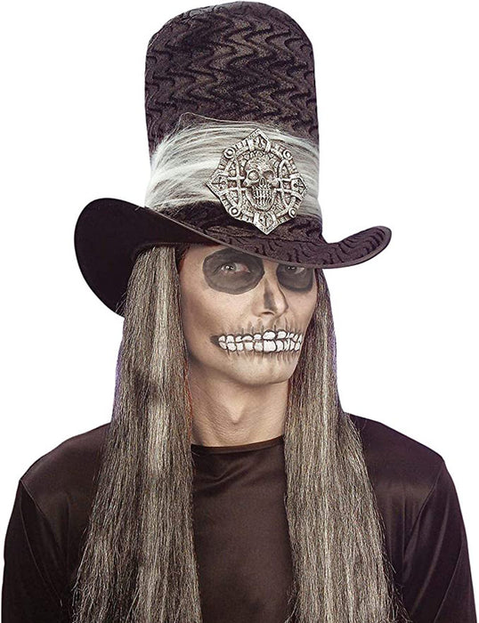 Gothic Samt Zylinder mit Totenkopf Medaillon - Schwarz Silber | Halloween Kostüm