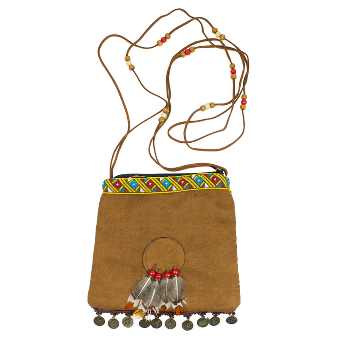 Indianer Handtasche mit Federn und Münzen | Braun