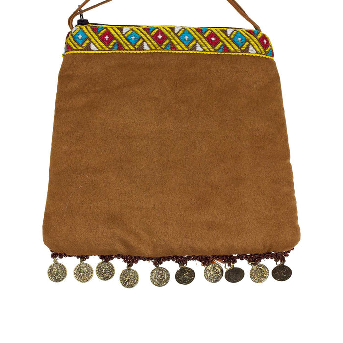Hippie Umhängetasche mit Federn & Münzen Festival Tasche Braun