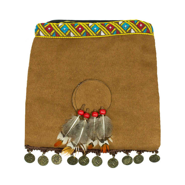 Hippie Umhängetasche mit Federn & Münzen Festival Tasche Braun