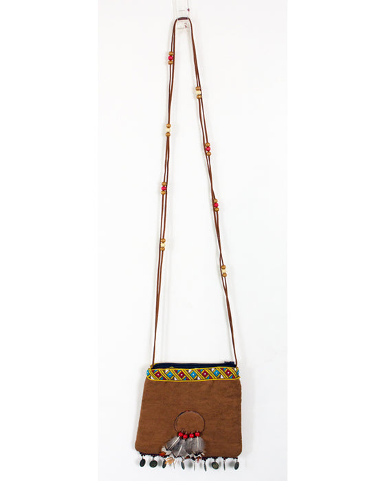 Indianer Handtasche mit Federn und Münzen - Braun