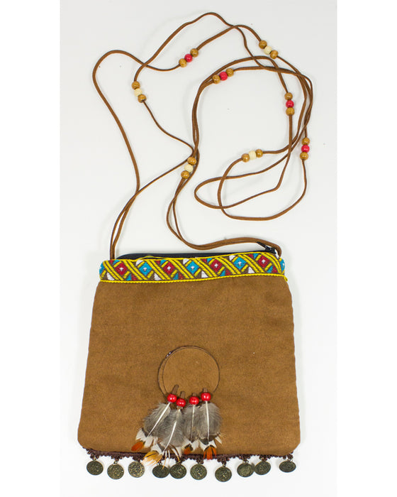 Indianer Handtasche mit Federn und Münzen - Braun