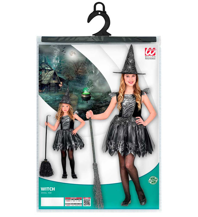Glitzer Hexe Kinderkostüm 2-teilig - Kleid und Hut | Schwarz-Silber