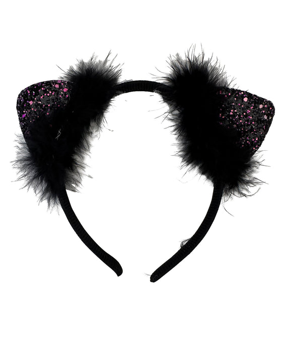 Katzenohren Haarreif mit Federn und Glitter | Schwarz 12er Set