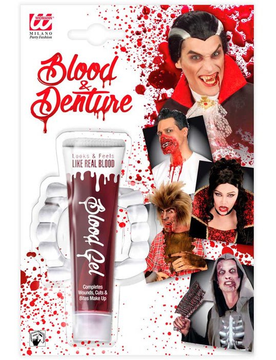 Kunstblut in der Tube mit Vampir Gebiss - 28 ml | Halloween Dekoration Fakeblood Vampirblut