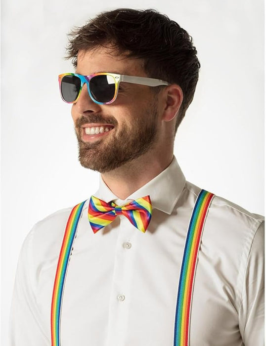 Partyset für Erwachsene | Regenbogen  - Hosenträger, Brille und Fliege