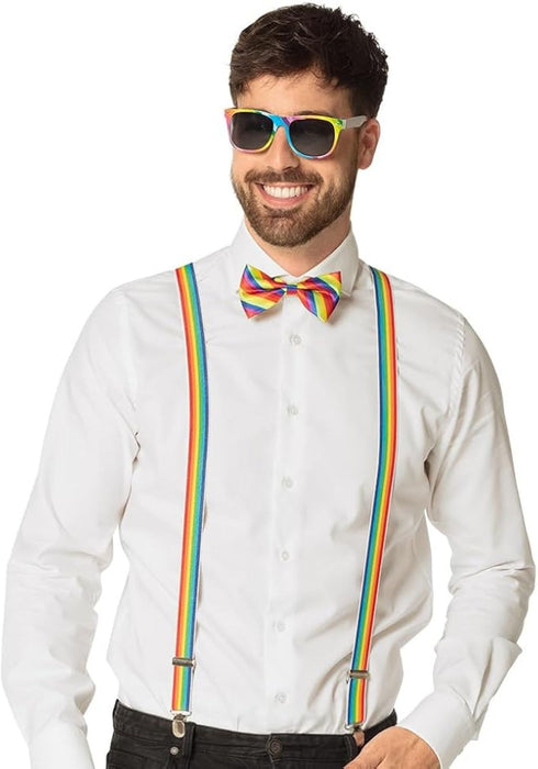 Partyset für Erwachsene | Regenbogen  - Hosenträger, Brille und Fliege