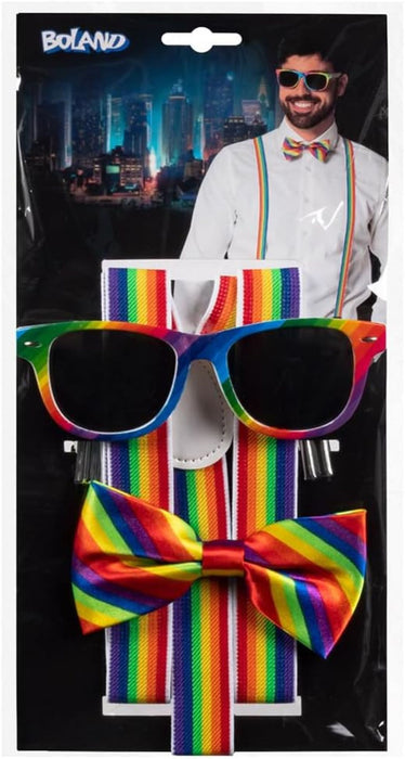Partyset für Erwachsene | Regenbogen  - Hosenträger, Brille und Fliege