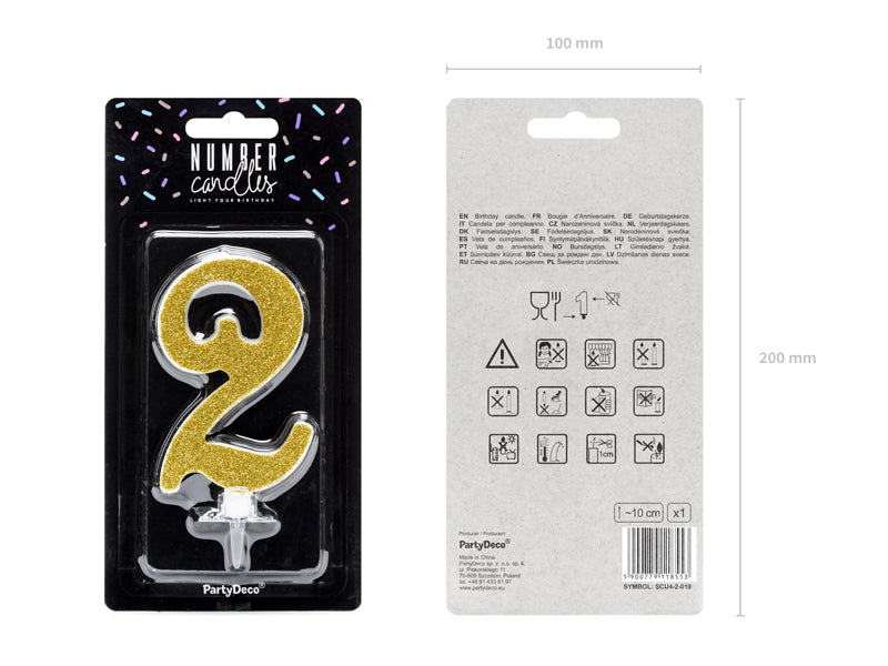 Geburtstagskerze Glitter Gold - 10 cm | Ziffer ''2''