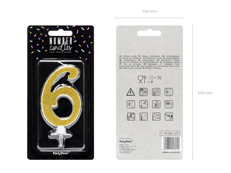 Geburtstagskerze Glitter Gold - 10 cm | Ziffer ''6''