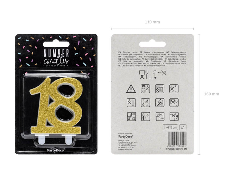 Geburtstagskerze Glitter Gold - 10 cm | Ziffer ''18''