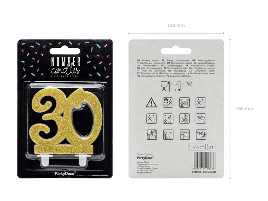 Geburtstagskerze Glitter Gold - 10 cm | Ziffer ''30''