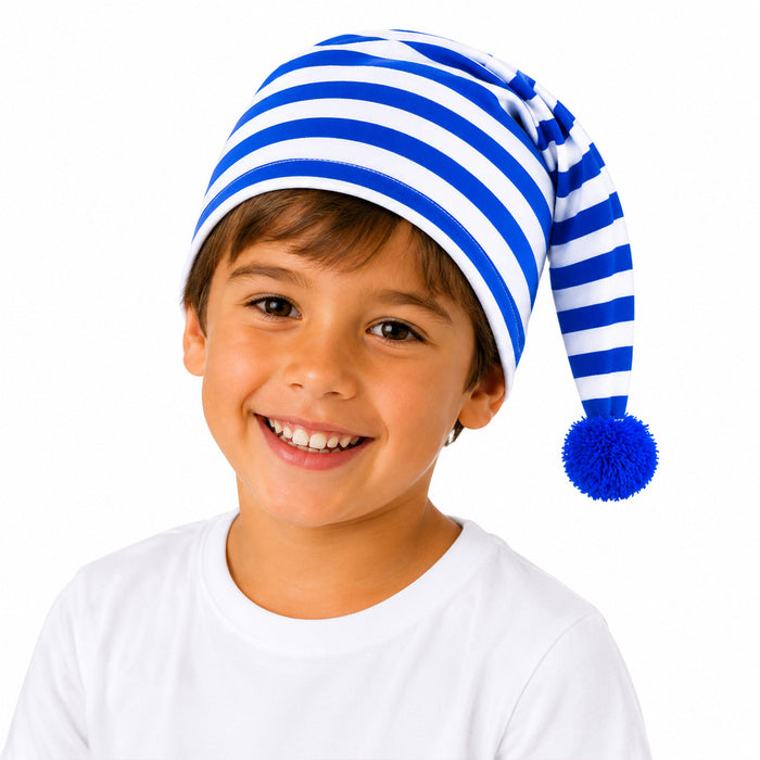 Kinder Schlafmütze mit Bommel - Baumwolle | Blau Weiß