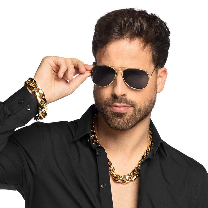 Pimp Kostümset - Goldene Halskette Armband Brille | Macho Rapper Rocker Kostüm