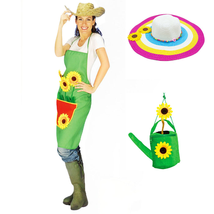 Gärtnerschürzen Set für Damen | Schürze, Sonnenblumen Hut & Gießkannen Handtasche | Garten Kostüm für Karneval & Mottoparty
