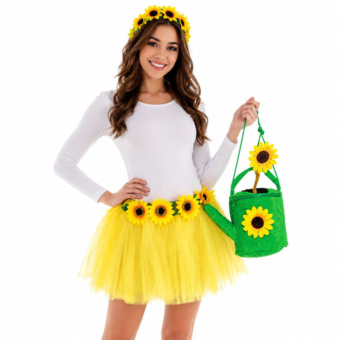 Sonnenblumen Set für Damen | 3-teilig mit Tüllrock, Haarreif & Gießkannen Handtasche | Gelb-Grün | Karneval & Mottoparty