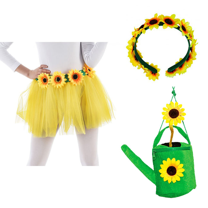 Sonnenblumen Set für Damen | 3-teilig mit Tüllrock, Haarreif & Gießkannen Handtasche | Gelb-Grün | Karneval & Mottoparty