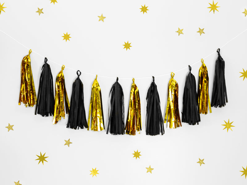 Girlande Quasten Schwarz-Gold | 12Stk./200cm