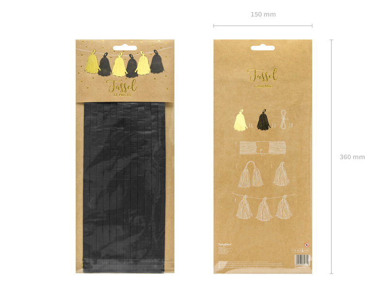 Girlande Quasten Schwarz-Gold | 12Stk./200cm