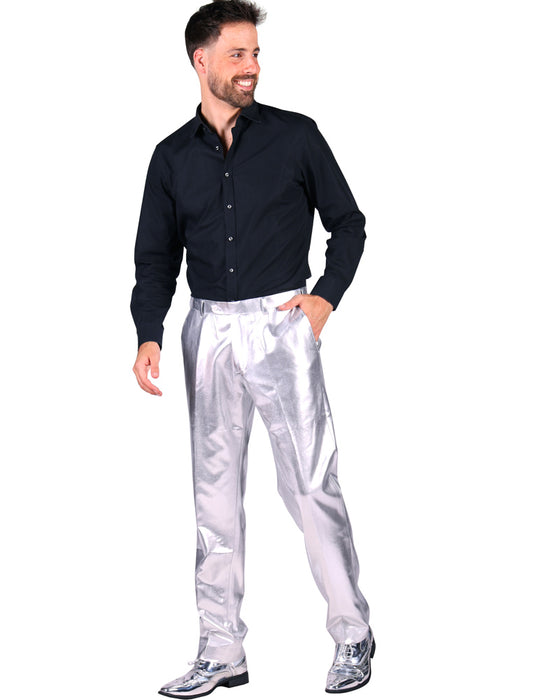 80er Jahre Disco Hose für Herren - Metallic Silber | Retro Party Kostüm