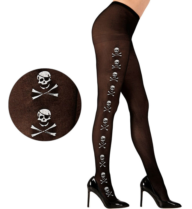 Totenkopf Strumpfhose für Damen - Schwarz Weiß 40 DEN | Kostüm Pirat Halloween