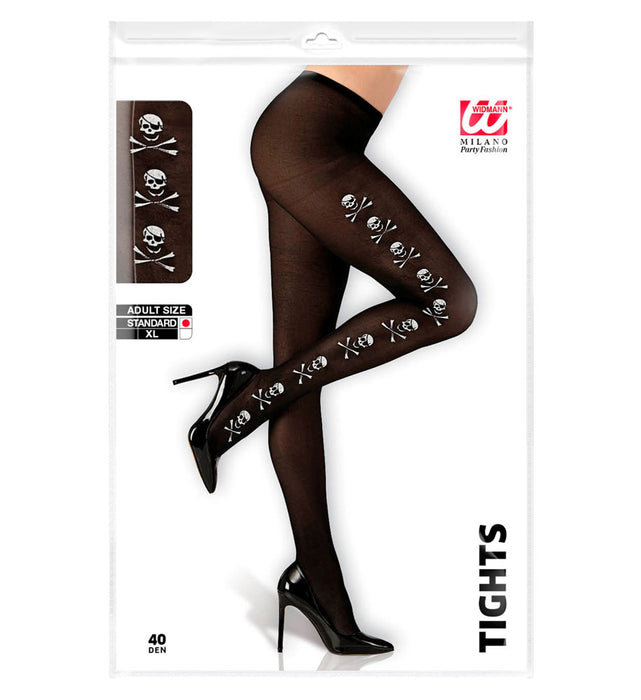 Totenkopf Strumpfhose für Damen - Schwarz Weiß 40 DEN | Kostüm Pirat Halloween