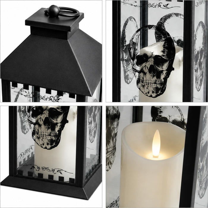 Große Totenkopf Laterne mit LED Kerze - 29 cm | Schwarz