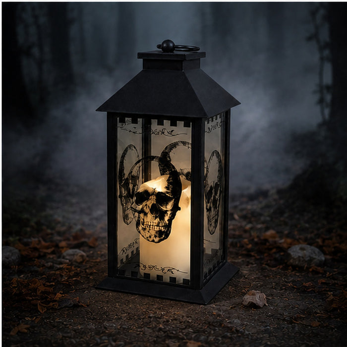 Große Totenkopf Laterne mit LED Kerze - 29 cm | Schwarz