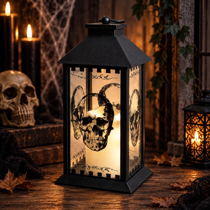 Große Totenkopf Laterne mit LED Kerze - 29 cm | Schwarz
