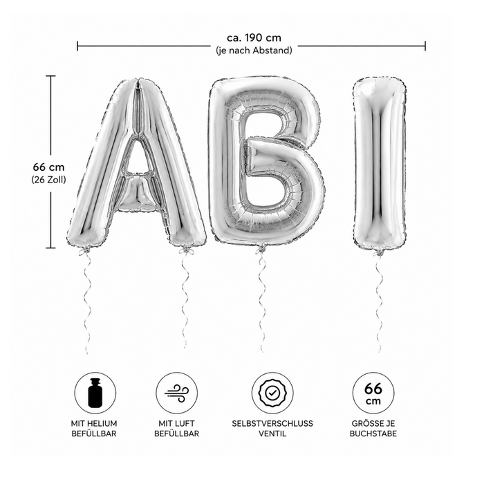 ABI Folienballon-Set Silber 66 cm – Riesenbuchstaben A+B+I | Heliumgeeignet