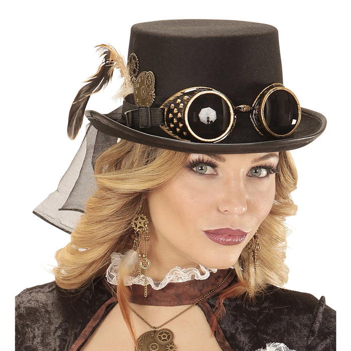 Steampunk Damen Zylinder mit Brille | Schwarz