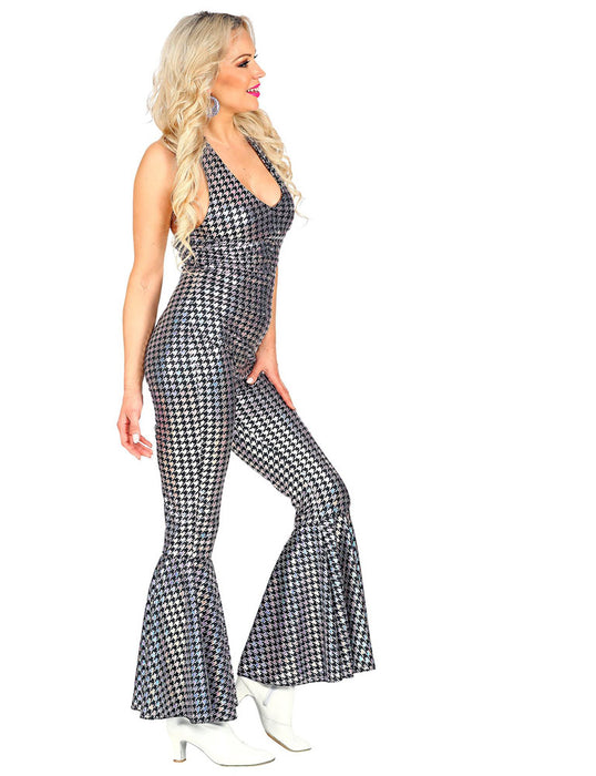 70er Jahre Disco Overall für Damen | Schwarz Silber