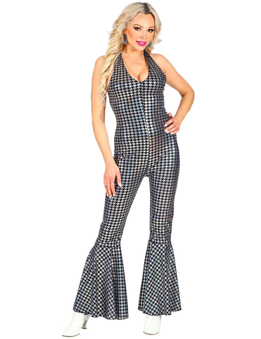 70er Jahre Disco Overall für Damen | Schwarz Silber