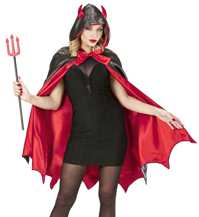 Teufelsumhang mit Kapuze für Damen | Teufelskostüm Schwarz Rot