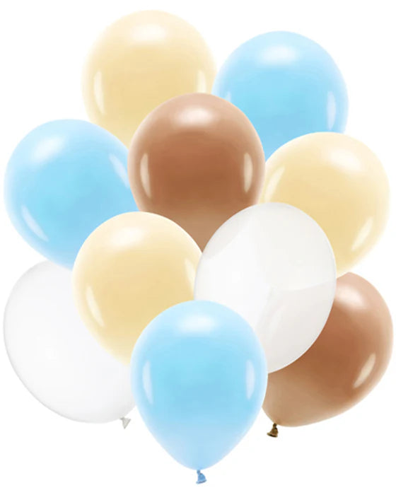 Bündel aus weißen, blauen und beigefarbenen Latexballons. Darunter der Text: ‚Luftballons‘. Link führt zur Shop-Kategorie für unbedruckte Latexballons