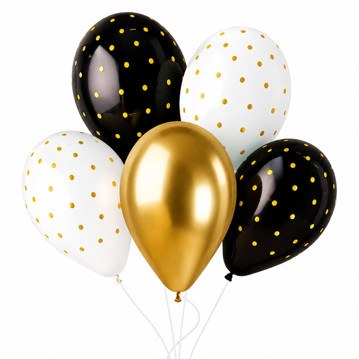 Latexballon 33 cm Chic Dots Weiß Schwarz Gold | 5 Stück