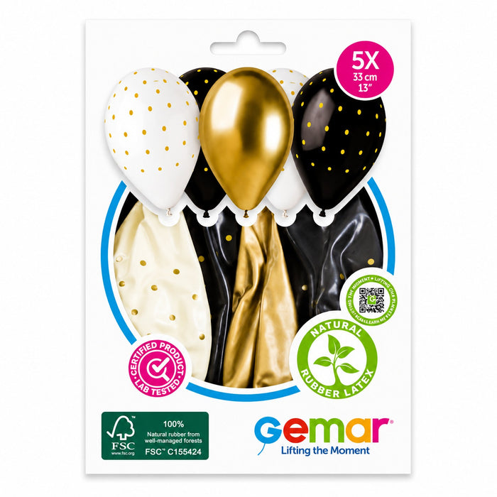 Latexballon 33 cm Chic Dots Weiß Schwarz Gold | 5 Stück