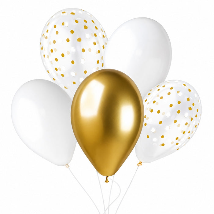 Latexballon 33 cm Golden Dots Weiß Gold | 5 Stück