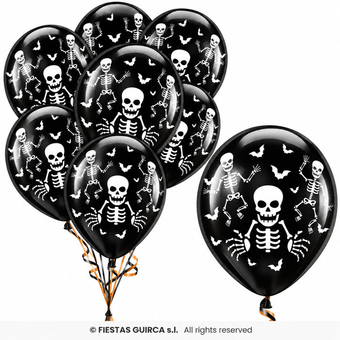 10 Stk. Latexballon Ø30cm "Skelette und Fledermäuse" | Schwarz
