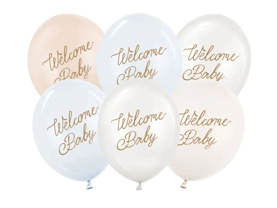 6 Stk. Luftballon Ø30cm "Welcome Baby" | Blau-Mix