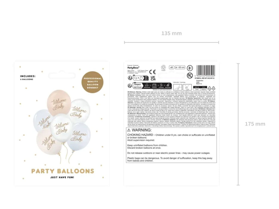 6 Stk. Luftballon Ø30cm "Welcome Baby" | Blau-Mix