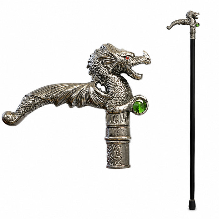 Gehstock aus Metall | "Dragon with green Jewel" - 93 cm