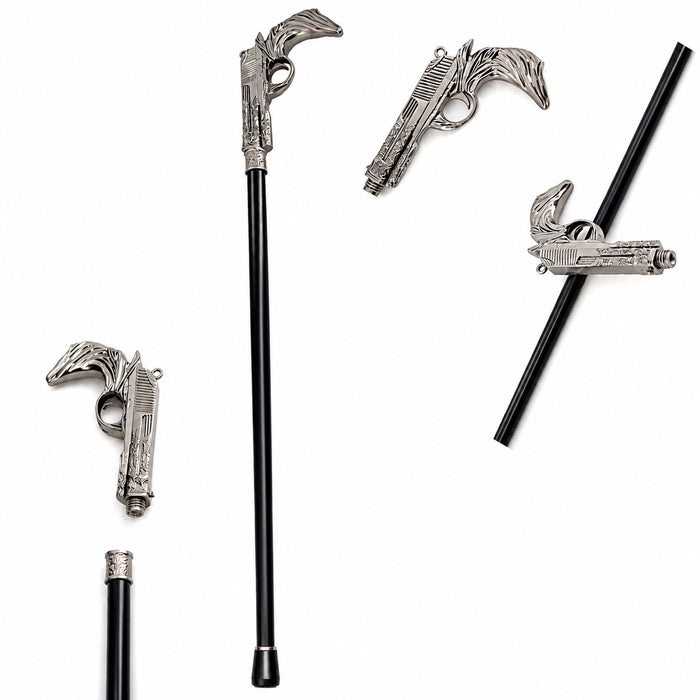 Gehstock aus Metall "Pistole" | Schwarz Silber