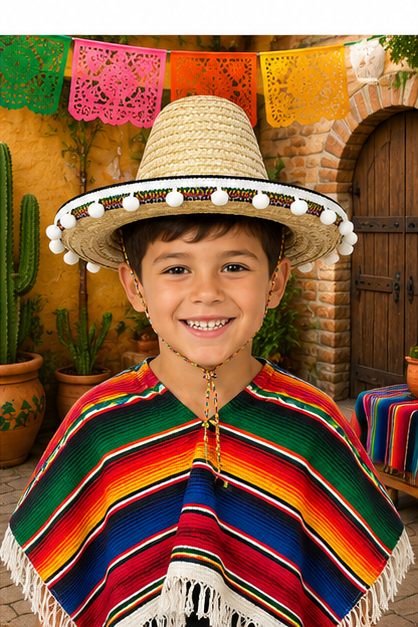 Kinder Mexikaner Sombrero mit Troddeln - Ø 25 cm | Natur
