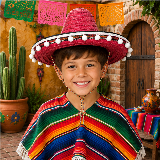 Kinder Mexikaner Sombrero mit Troddeln - Ø 25 cm | Rot