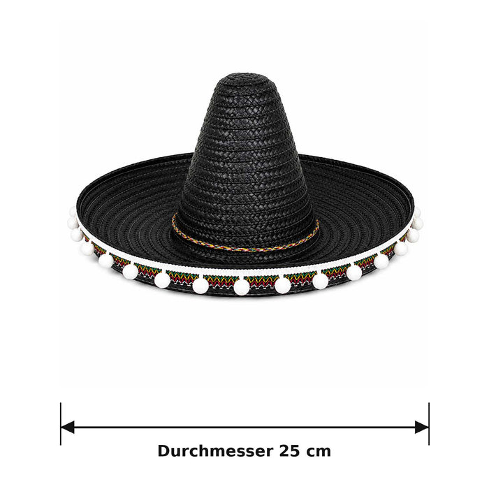 Kinder Mexikaner Sombrero mit Troddeln - Ø 25 cm | Schwarz