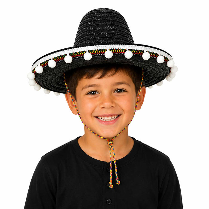 Kinder Mexikaner Sombrero mit Troddeln - Ø 25 cm | Schwarz