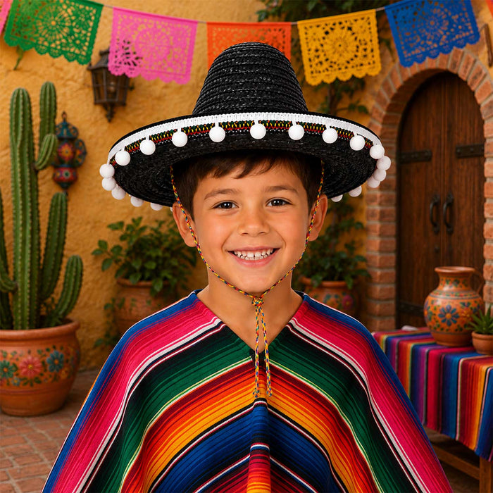 Kinder Mexikaner Sombrero mit Troddeln - Ø 25 cm | Schwarz