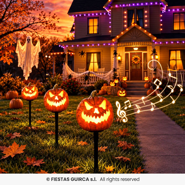 3 Kürbisse mit Sound & Licht 13 cm | Halloween Deko