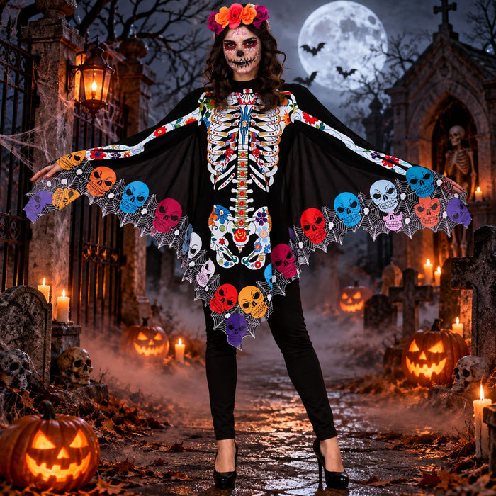 Halloween Damen Kostüm Poncho "Skelett Catrina"